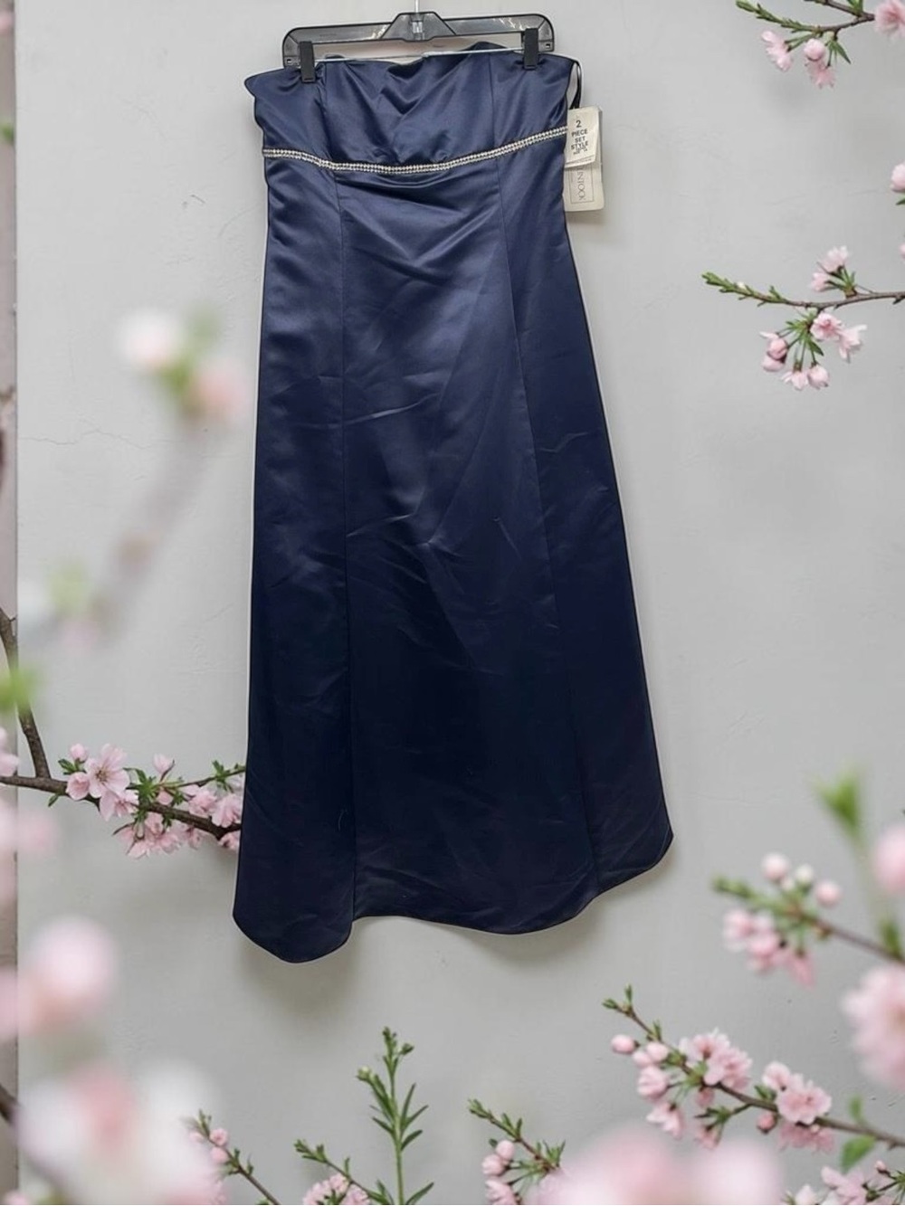 Strapless Navy Satin Evening Skirt with Rhinestone Trim Jessica McClintock